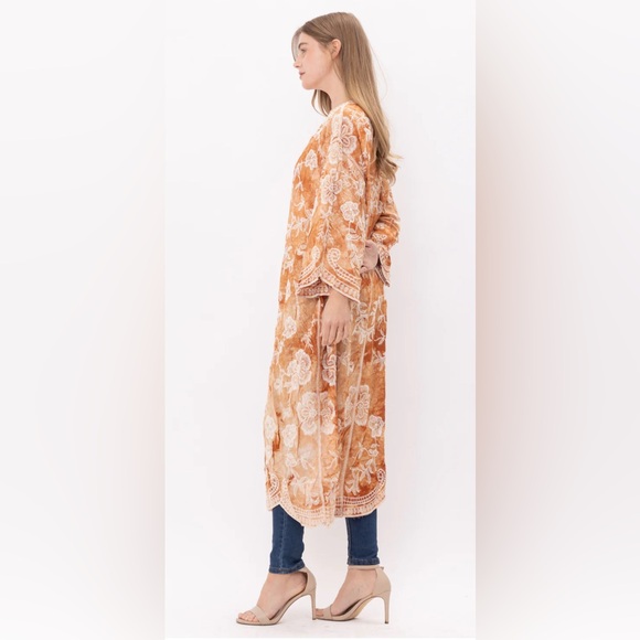 Raj Women's Vibrant Orange duster with embroidered Floral Design and trim - Picture 2 of 5